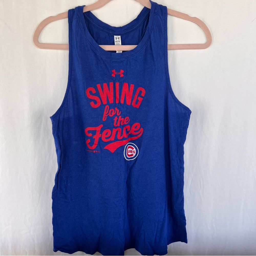 Chicago Cubs Under Armour Blue “Swing for the Fence” High Neck Tank, Size Medium
